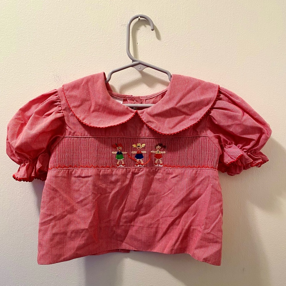 Amanda Remembered Vtg Shirt Girl 4 Red Gingham Plaid embroidered puff sleeve